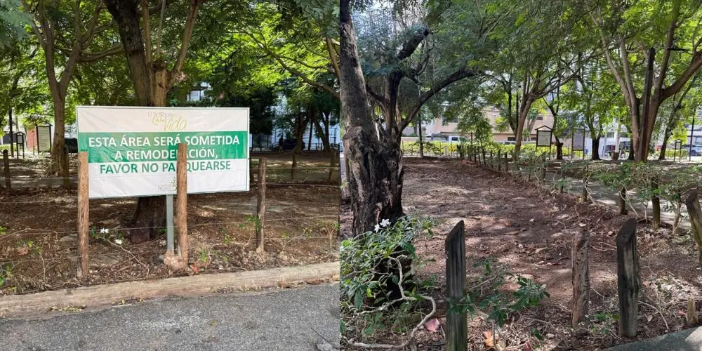 Fotografías publicadas por elCaribe con suelo removido y aviso de no estacionarse durante remodelación